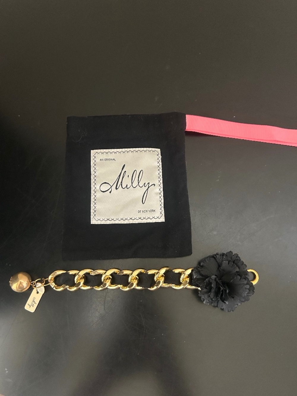 Milly of New York Gold Link Bracelet -Blk ribbon-Blk Flower. NWT